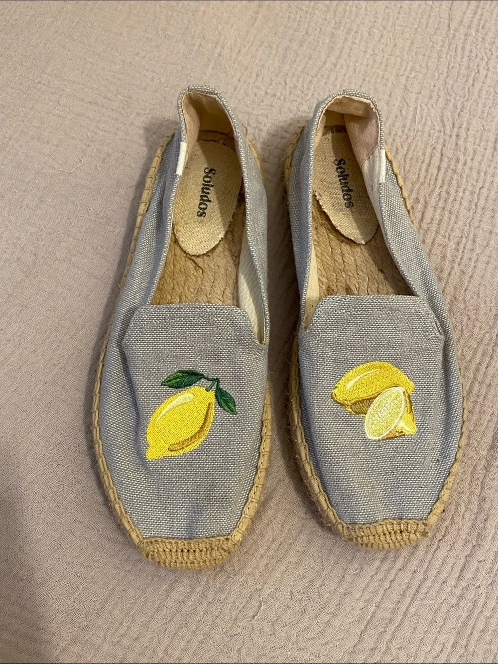 Soludos Gray Canvas Espadrilles with Yellow Lemon Motif. Size 9